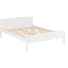 White wooden bed frame with natural wooden slatted base and simple panel headboard.