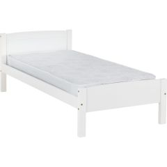 White wooden single bed frame with mattress on a white background.