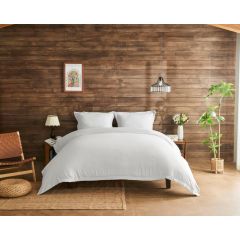Inviting bedroom with white bedding on a wooden bed, against a rustic wood-paneled wall. Decor includes a woven chair, plants, and soft lighting.