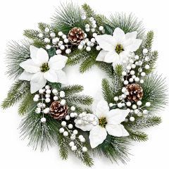 White Floral Christmas Wreath with Berries and Pine Cones 52cm
