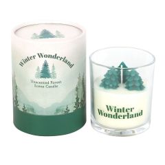 Winter Wonderland unscented forest scene candle in glass with pine tree design and packaging
