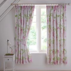 Dreams & Drapes Wisteria Pink Floral Pencil Pleat Curtains With Tie-Backs 66x72