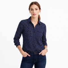 womens navy cotton blouse with white polka dot print and 3/4 sleeves