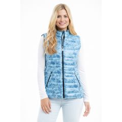 women blue quilted gilet with floral pattern and zip fastening
