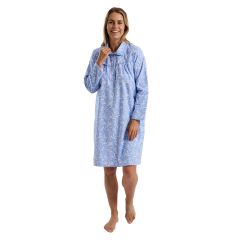 Woman wearing blue cotton nightdress, front view