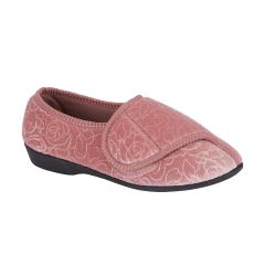 Womens rose velcro slippers with floral velour upper and touch fastening strap