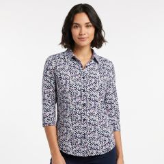 womens navy floral cotton blouse with pastel print and 3/4 sleeves