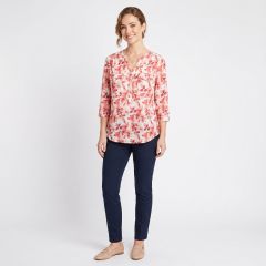 womens pink floral cotton blouse with 3/4 sleeves styled with navy trousers