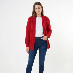 Model wearing the Women’s Cable Knit Cardigan Red