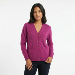 Model wearing Women's V-Neck Knit Cardigan Purple
