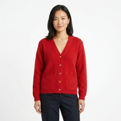 Model wearing the Women's V-Neck Knit Cardigan Red