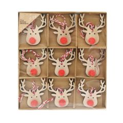 Wooden Reindeer Decorations with Pom Pom 9 Pack