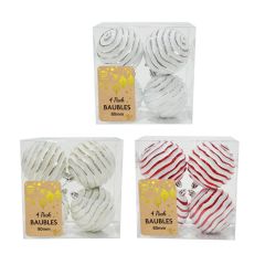 Three boxes of 80mm Christmas baubles: one with white and silver, one with white and red, and one with white and gold designs.