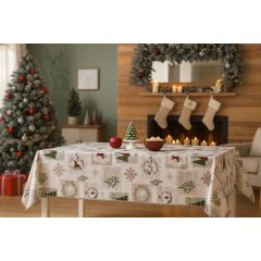 Cream Medley Christmas PVC oil cloth with reindeer, snowflakes and Christmas trees