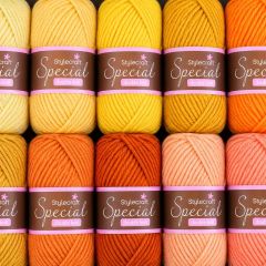 Two rows of neatly arranged Stylecraft Special double-knit yarn skeins in yellow, gold, orange, peach, and coral tones.