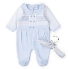 Cotton Rich Velour Sleep Suit Smocked Blue & Hanger