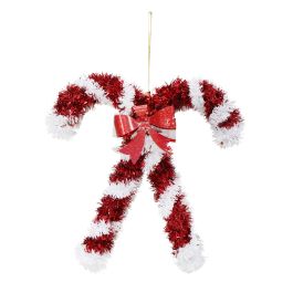 Tinsel Candy Cane Cross Decoration with Red Bow – 17x16cm Holiday Ornament