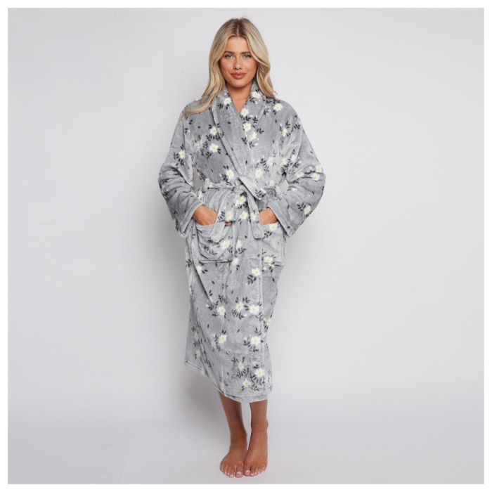 Soft Stylish Women's Fleece Floral Bathrobe in Grey Luxurious