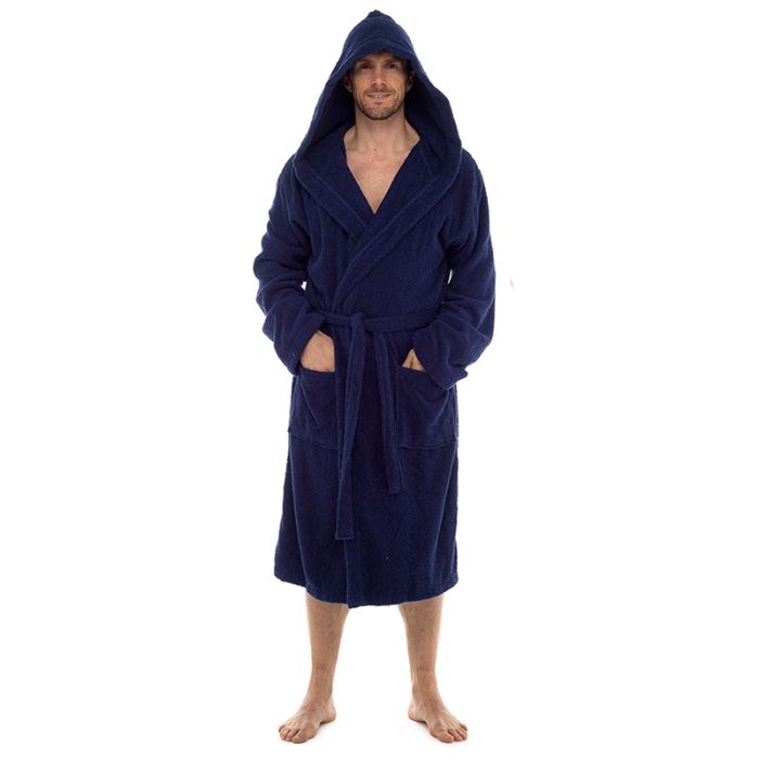 Mens 100% Cotton Navy Hooded Bath Robe Guineys