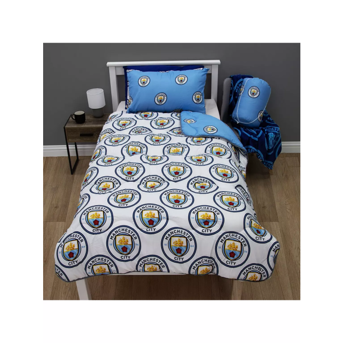 MANCHESTER CITY FC Character World - Set copripiumino matrimoniale ufficiale Crestcol Design | Set di biancheria da letto reversibile blu su 2 lati, prodotto ufficiale con federe coordinate